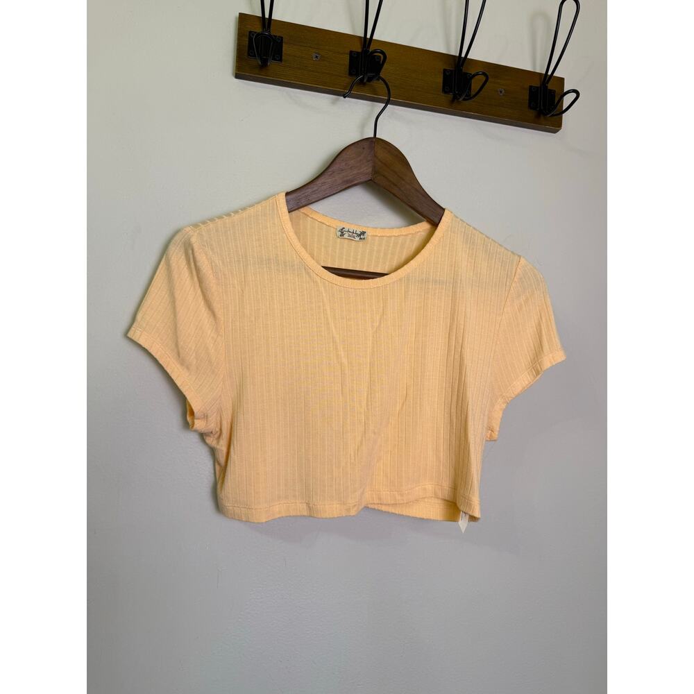 Free People Top Womens Large Peach Ribbed Knit Cropped Short Sleeve Stretch